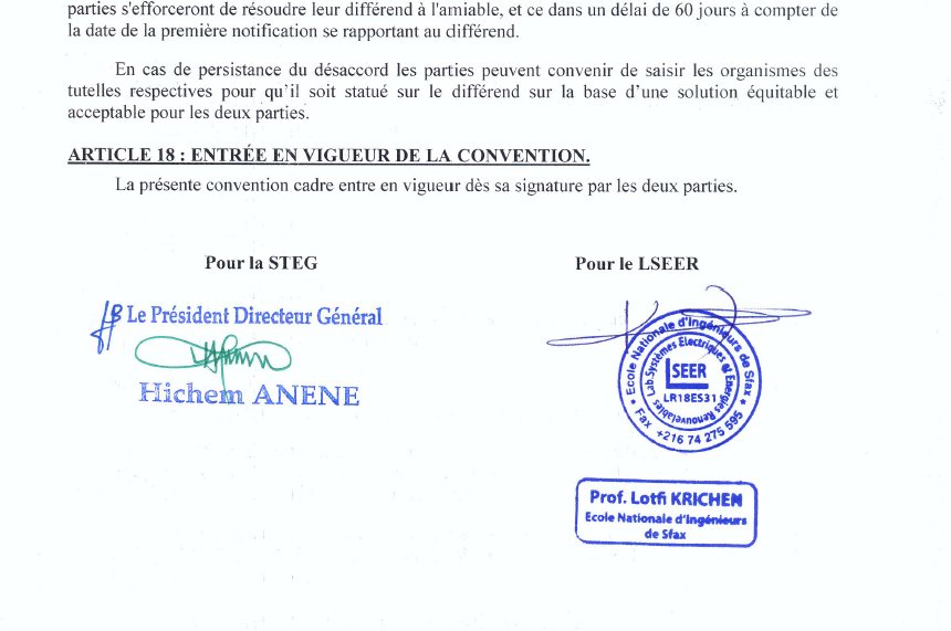 Signature de la convention STEG – LSEER : couplage du laboratoire Microgrid